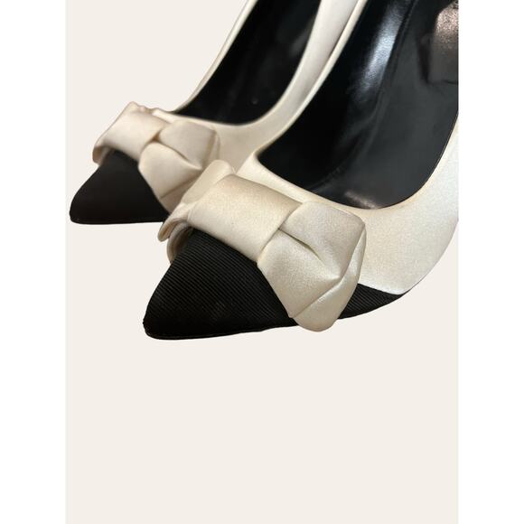 J.Crew Black Cream Two-Tone Stiletto Heel Bow Pointed Toe Pumps Size 7.5 - Picture 4 of 9